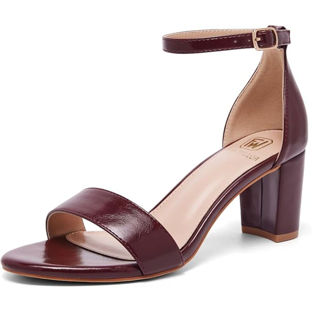 Women's Red PU Open Toe Ankle Strap Low Chunky Short Heels Wedding Pumps Shoes